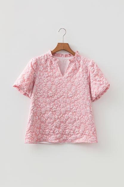 Floral Textured Jacquard Puff Sleeve Blouse