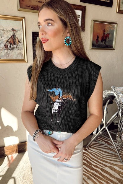 Black Western Cowboy Embroidery Round Neck Sleeveless Sweater