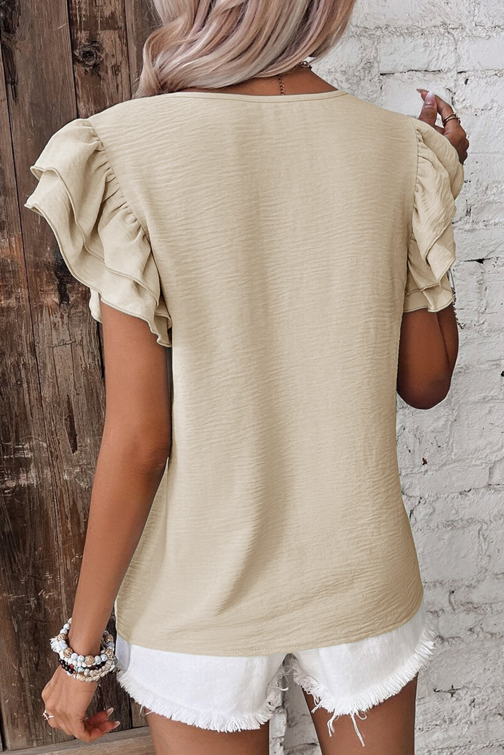 Solid Color Ruffled Short Sleeve Casual Blouse