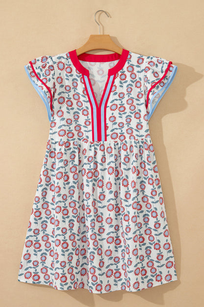 Floral Print Contrast Trim Flutter Sleeve Mini Dress