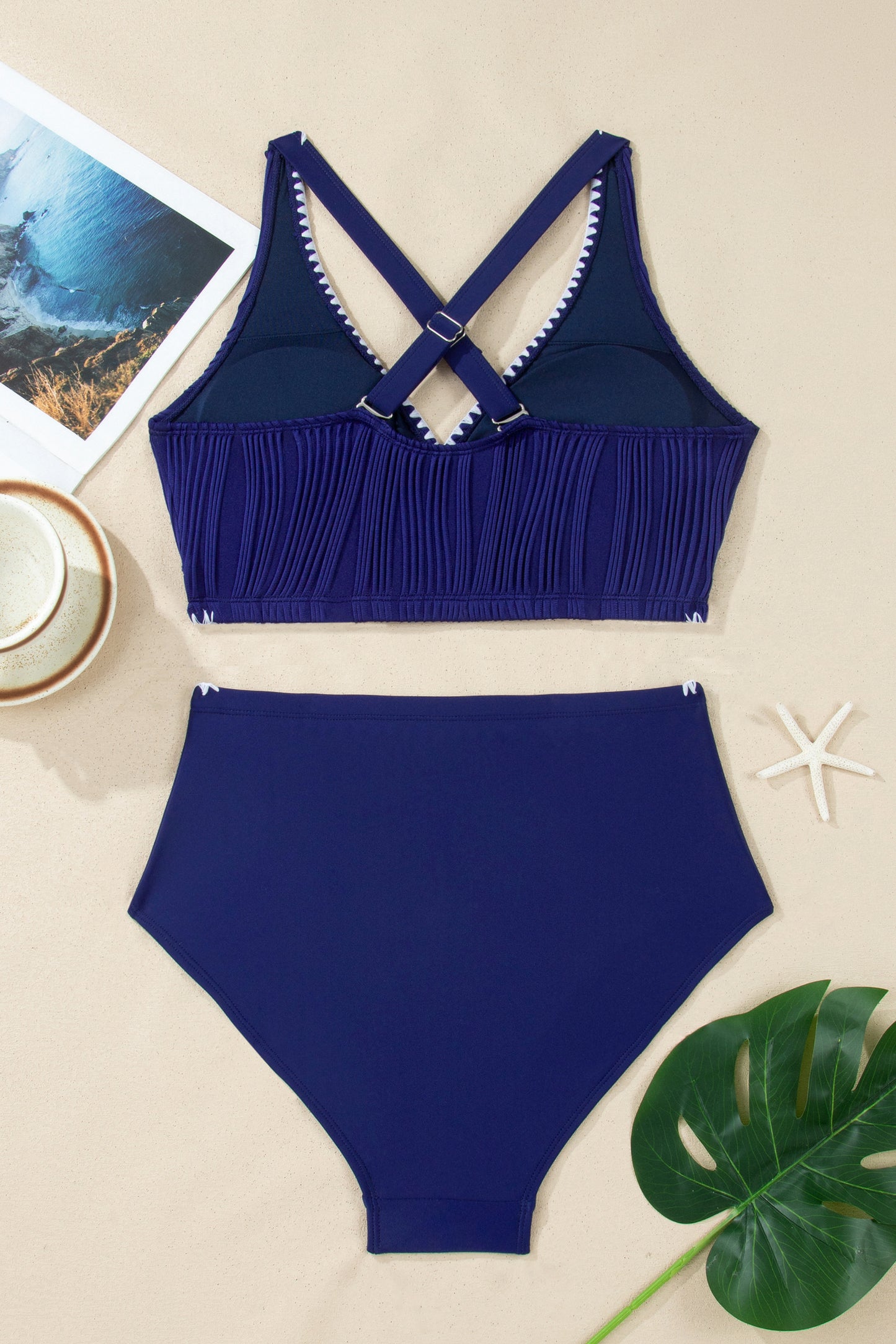 Shell Stitched Trim V Neck Textured Mix and Match High Waist Bikinis