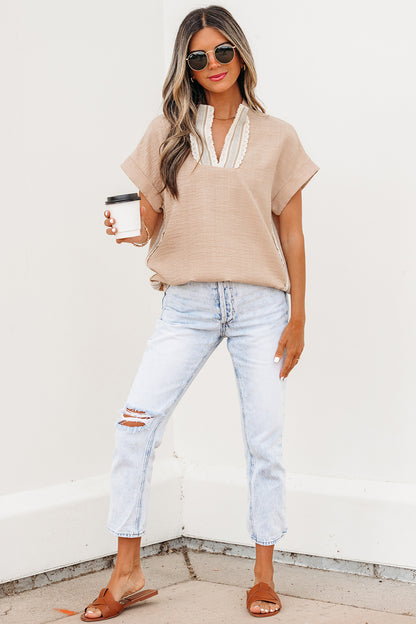 Crochet Lace Accent Pullover Rolled Short Sleeve Blouse