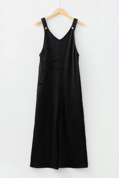 Black Solid Color Raw Seam Big Flower Patched Loose Overall Jumpsuit