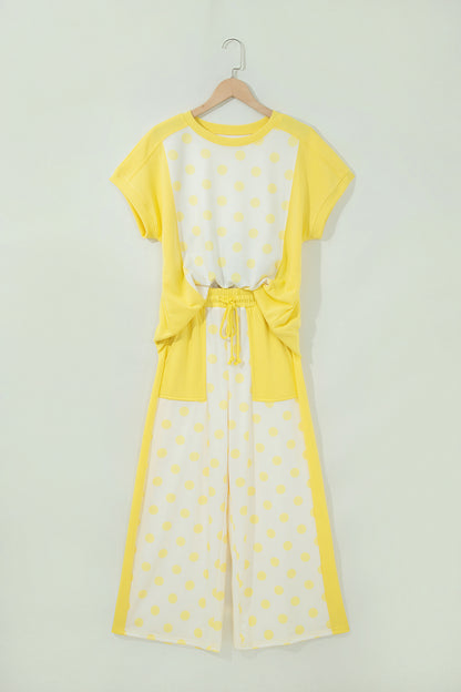 Color Block Patchwork Polka Dot Wide Leg Pant Set