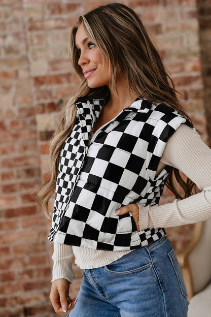 Brown Double Checked Stand Collar Cropped Puffer Vest