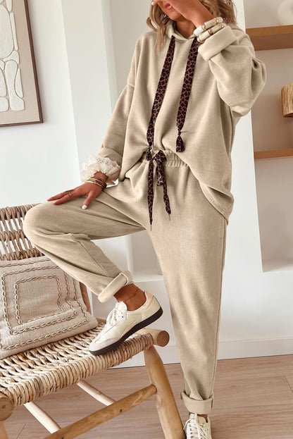 Lace Drawstring Pullover Hoodie and High Waist Pants Corduroy Suit