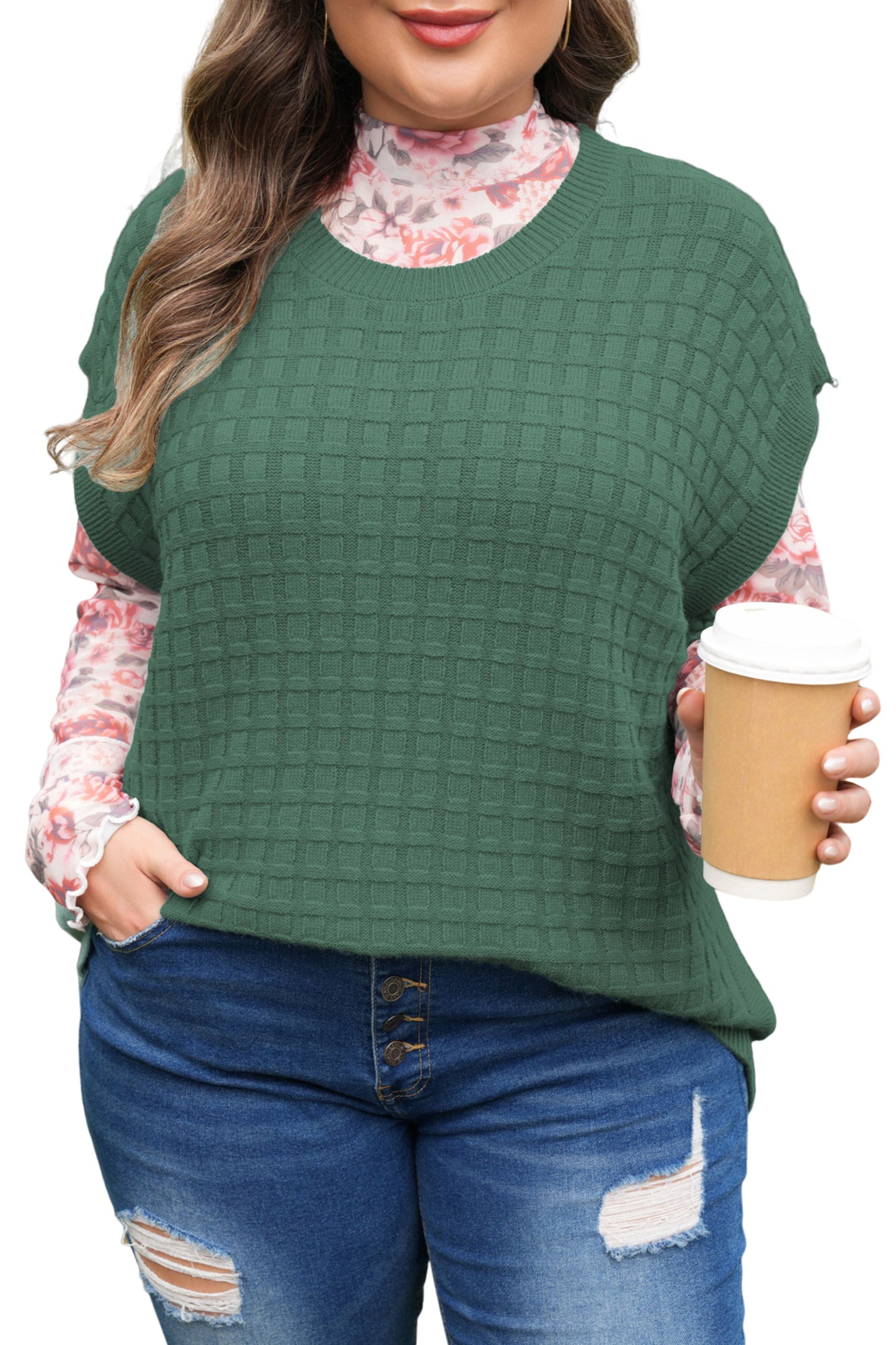 Mist Green Plus Size Solid Color Textured Knit Short Sleeve Sweater