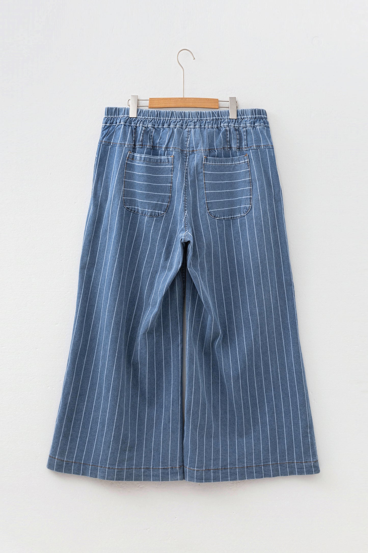 Sky Blue Stripe Plus Size Buttoned Loose Wide Leg Denim Pants