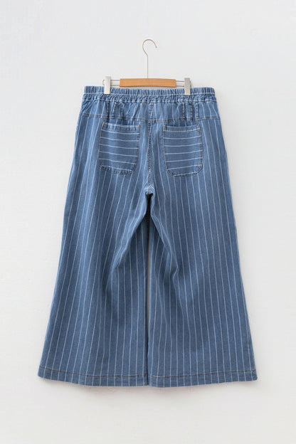 Sky Blue Stripe Plus Size Buttoned Loose Wide Leg Denim Pants