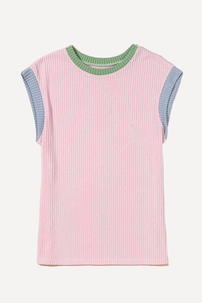 Beau Blue Color Block Corded Knit Crew Neck Tee