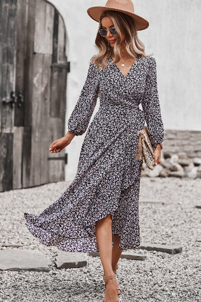 Ditsy Floral Vneck Ruffled Hem Wrap Midi Dress