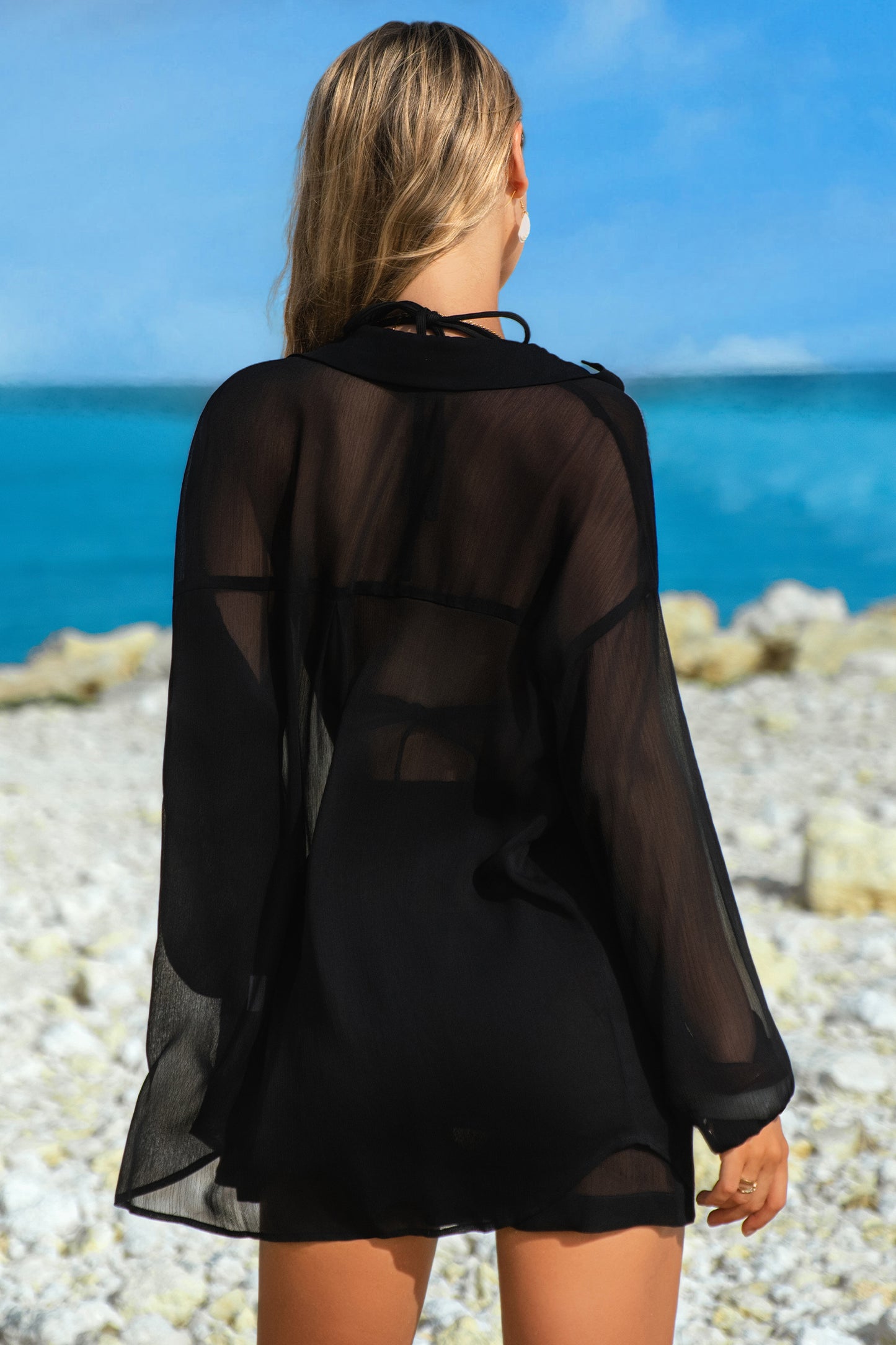 Sheer Tunic Shirt Drawstring Shorts 2pcs Swim Cover Up