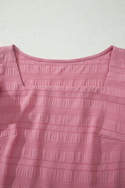 Textured Square Neck Top and Shirred High Waist Shorts Set