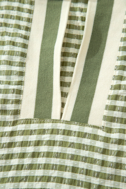 Plaid Short Sleeve Colorblock Trim Split Neck Blouse
