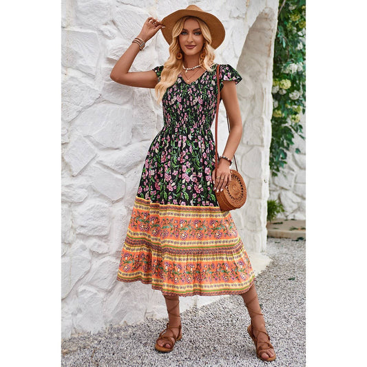 Black Floral V Neck Flounce Midi Dress - Elings