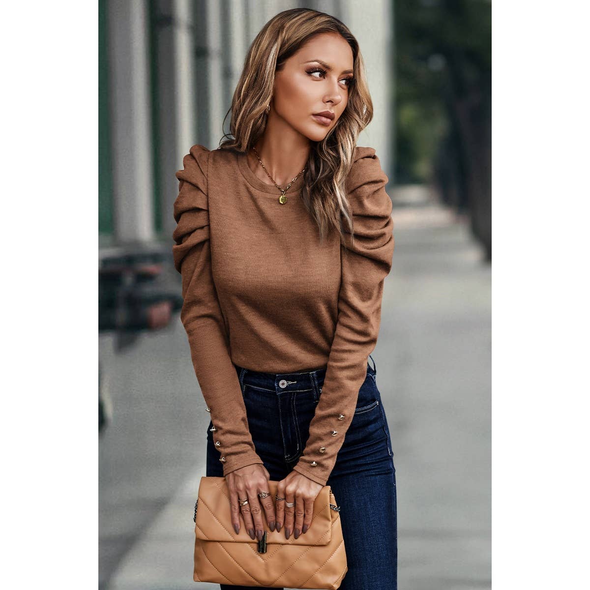 Button Tirm Ruched Sleeves Solid Fit Top - Elings