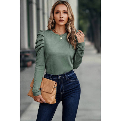 Button Tirm Ruched Sleeves Solid Fit Top - Elings