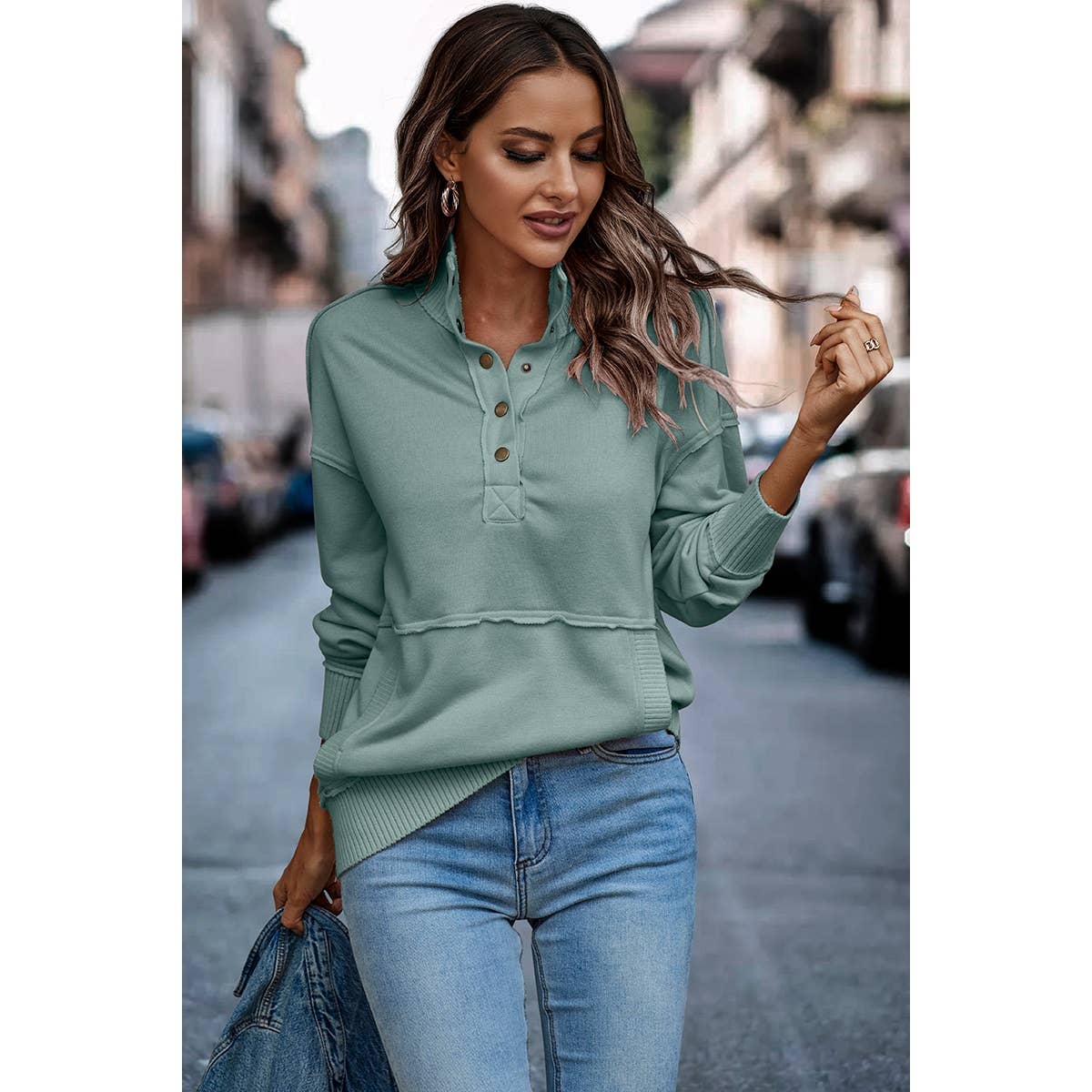 Button Up Color Block Solid Fit Pocket Sweatshirt - Elings
