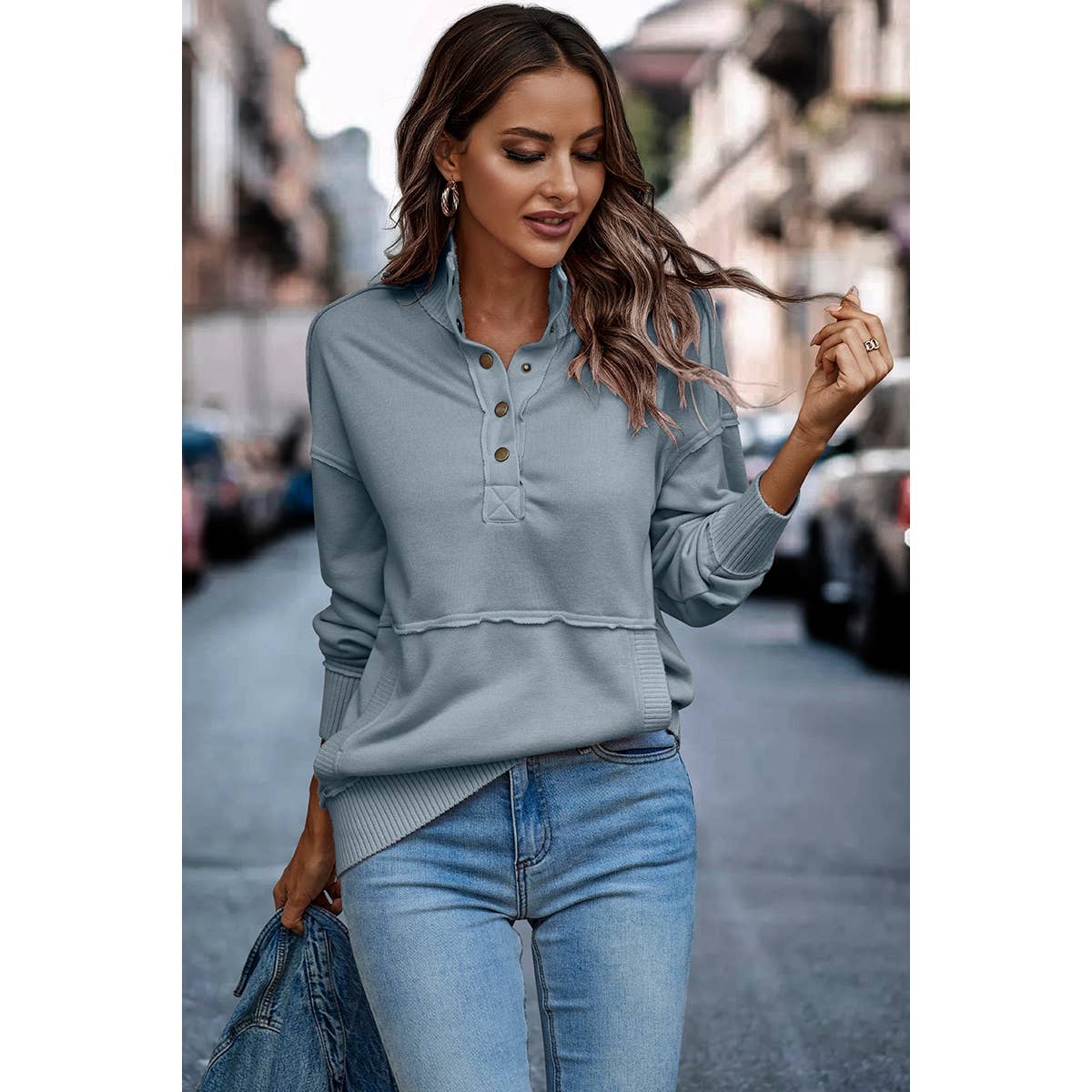 Button Up Color Block Solid Fit Pocket Sweatshirt - Elings