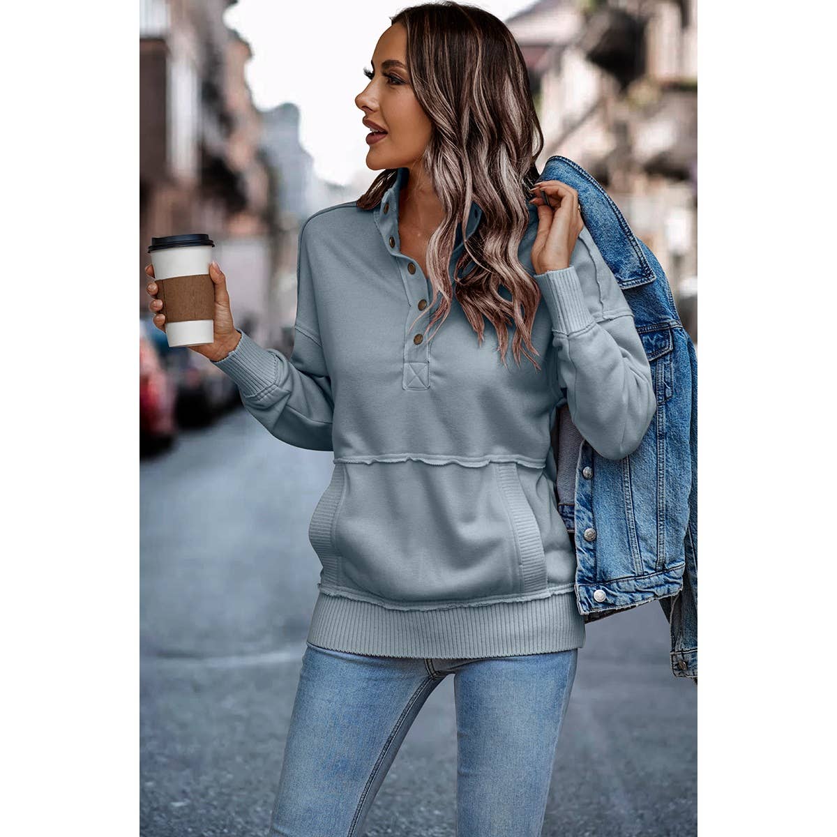 Button Up Color Block Solid Fit Pocket Sweatshirt - Elings