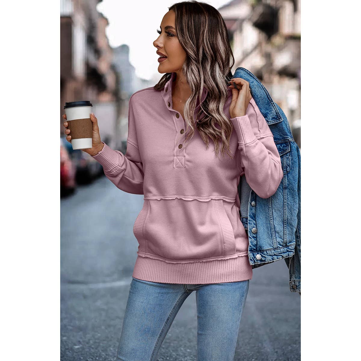 Button Up Color Block Solid Fit Pocket Sweatshirt - Elings