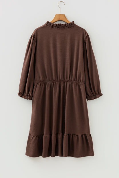 Coffee Plus Size Frilled Trim V Neck Puff Sleeve Textured Mini Dress