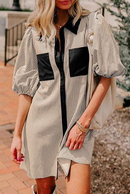 Stripe Color Block Patchwork Shirt Collar Button Down Puff Sleeve Mini Dress