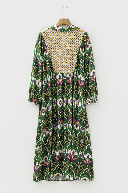 Green Plus Size Mixed Floral Patchwork V Neck Bracelet Sleeve Maxi Dress