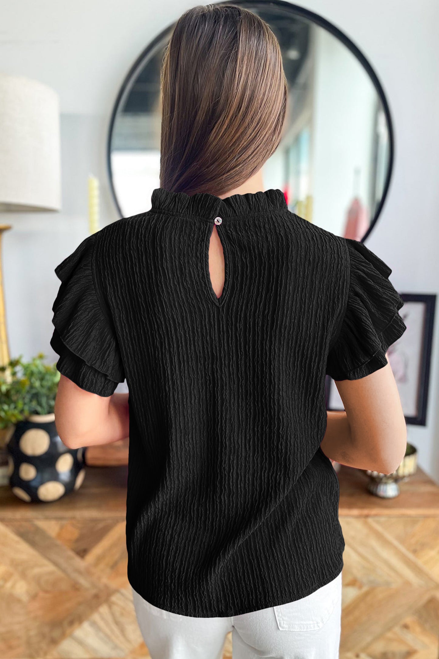 Solid Color Textured Ruffle Trim Short Sleeve Blouse