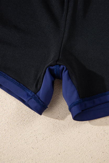 Navy Blue Color Block Patchwork Bow Knot Detail Sleeveless Swim Dress