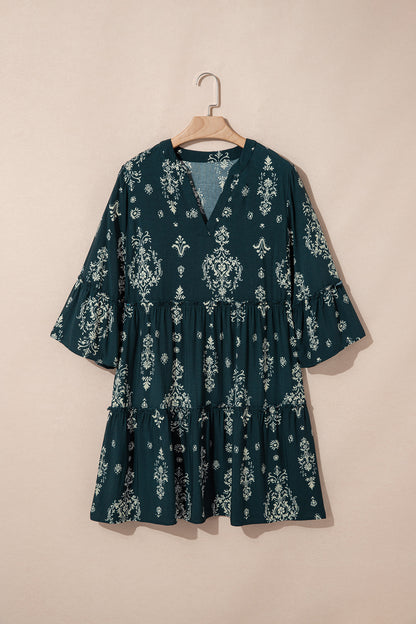 Blue Boho Floral Print Lettuce Trim 3/4 Sleeve Mini Dress