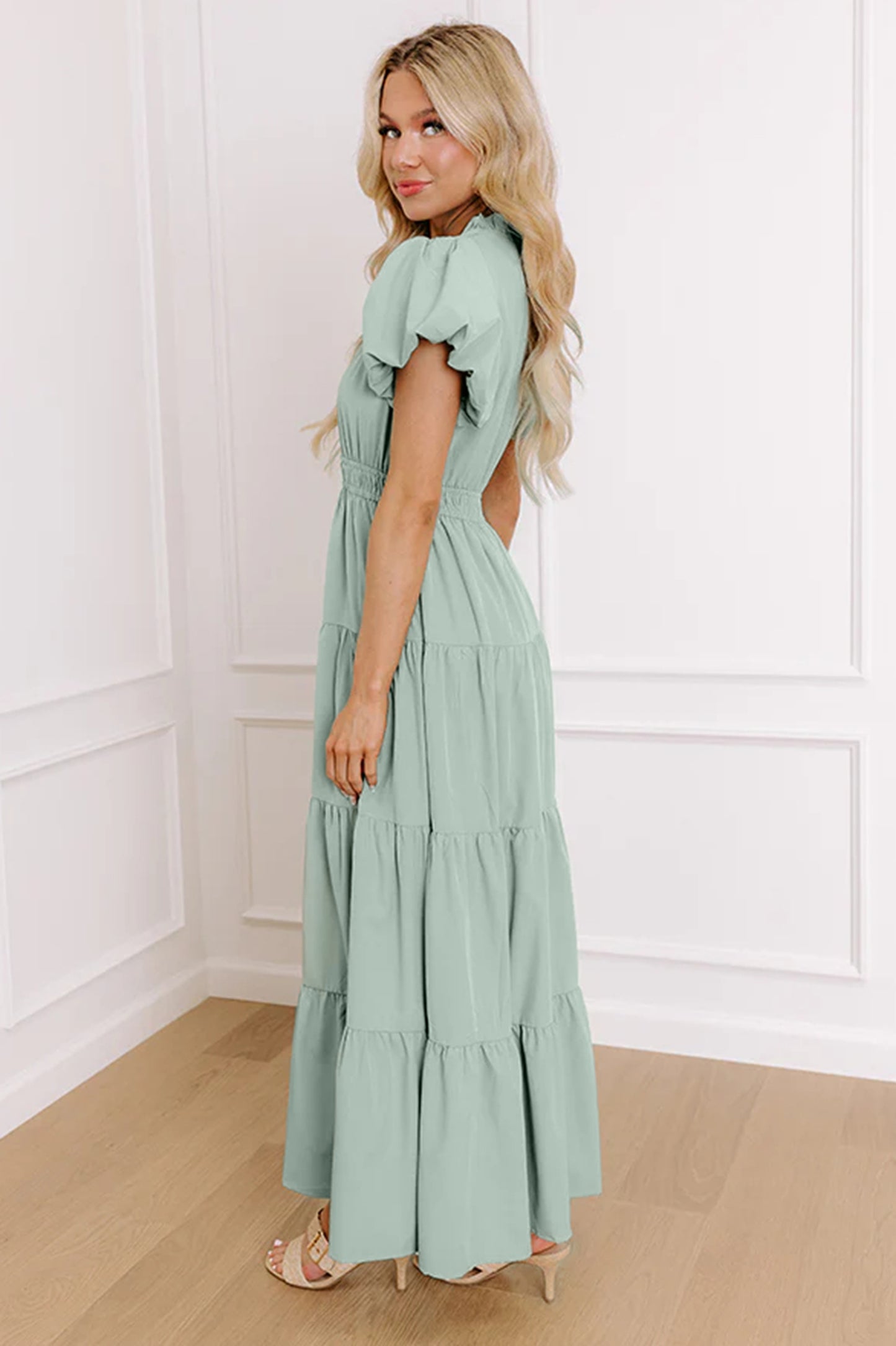 Solid Color V Neck Short Puff Sleeve High Waist Tiered Maxi Dress