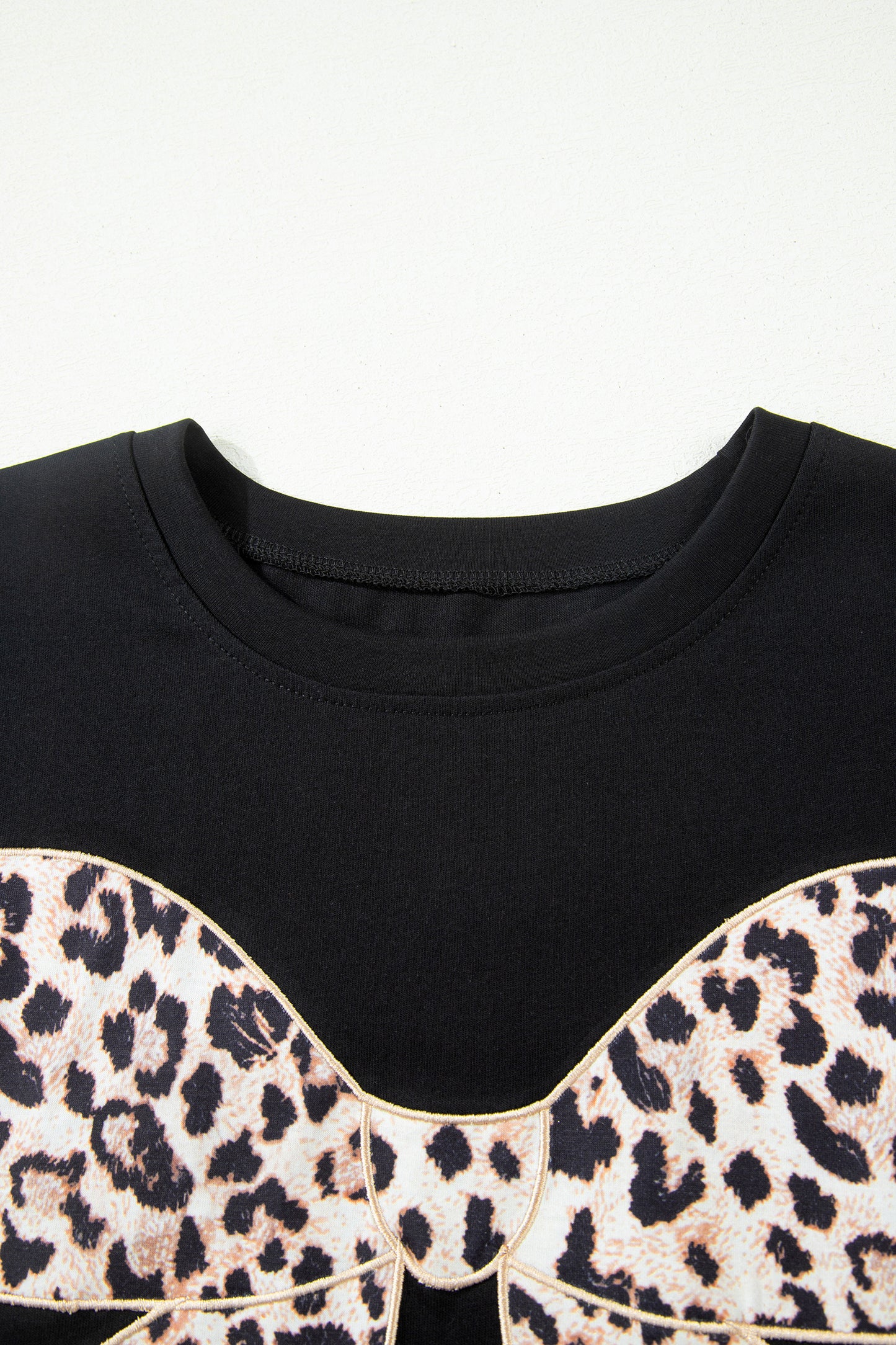 Leopard Bow Embroidered Cotton Round Neck T Shirt