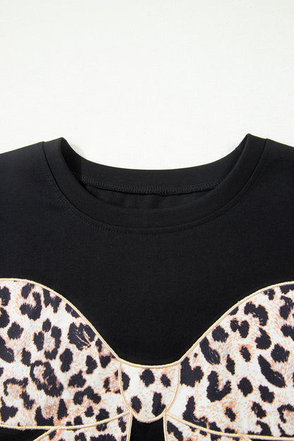 Leopard Bow Embroidered Cotton Round Neck T Shirt