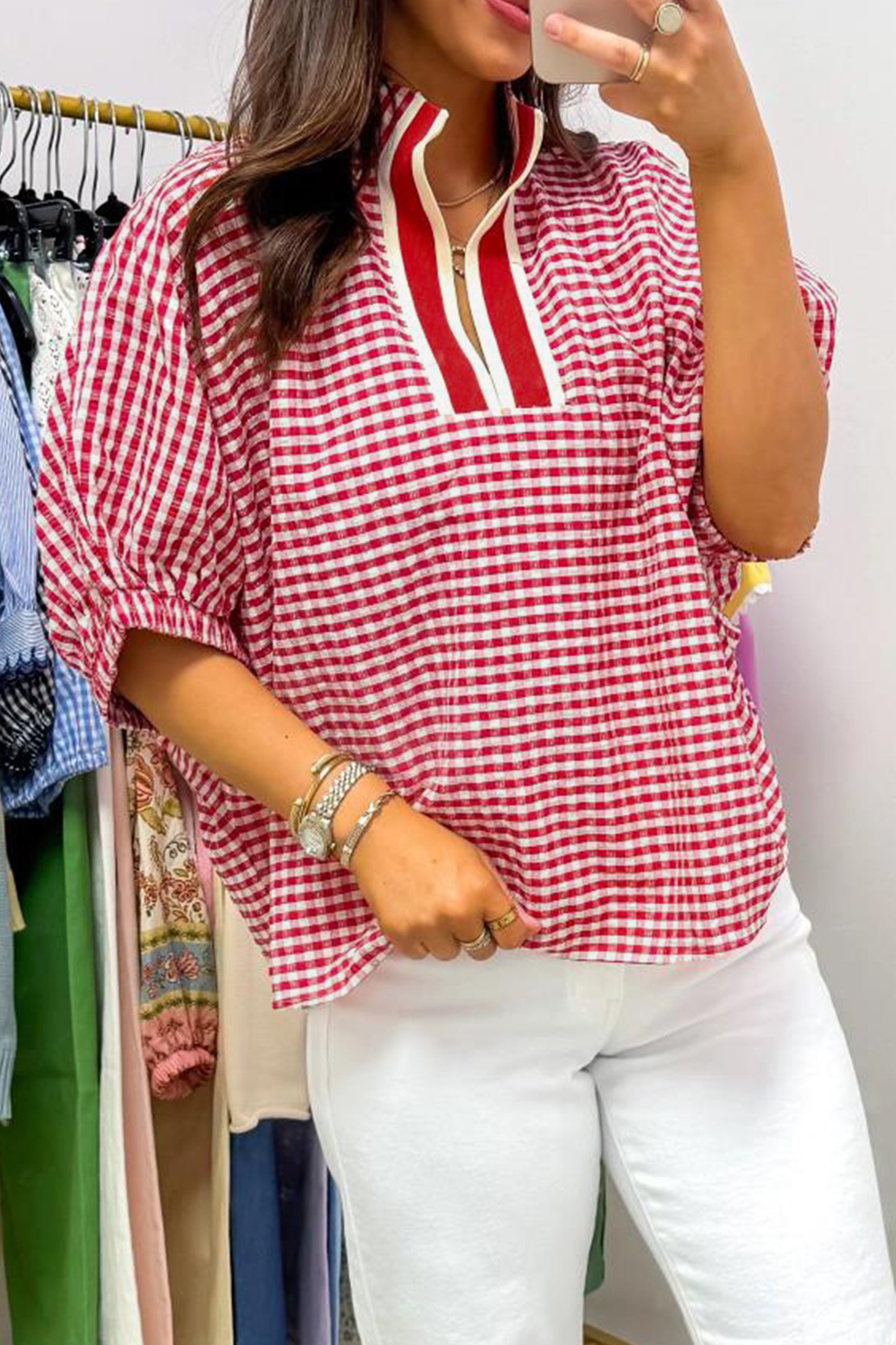 Plaid Short Sleeve Colorblock Trim Split Neck Blouse