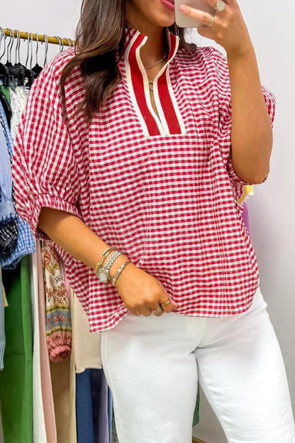 Plaid Short Sleeve Colorblock Trim Split Neck Blouse