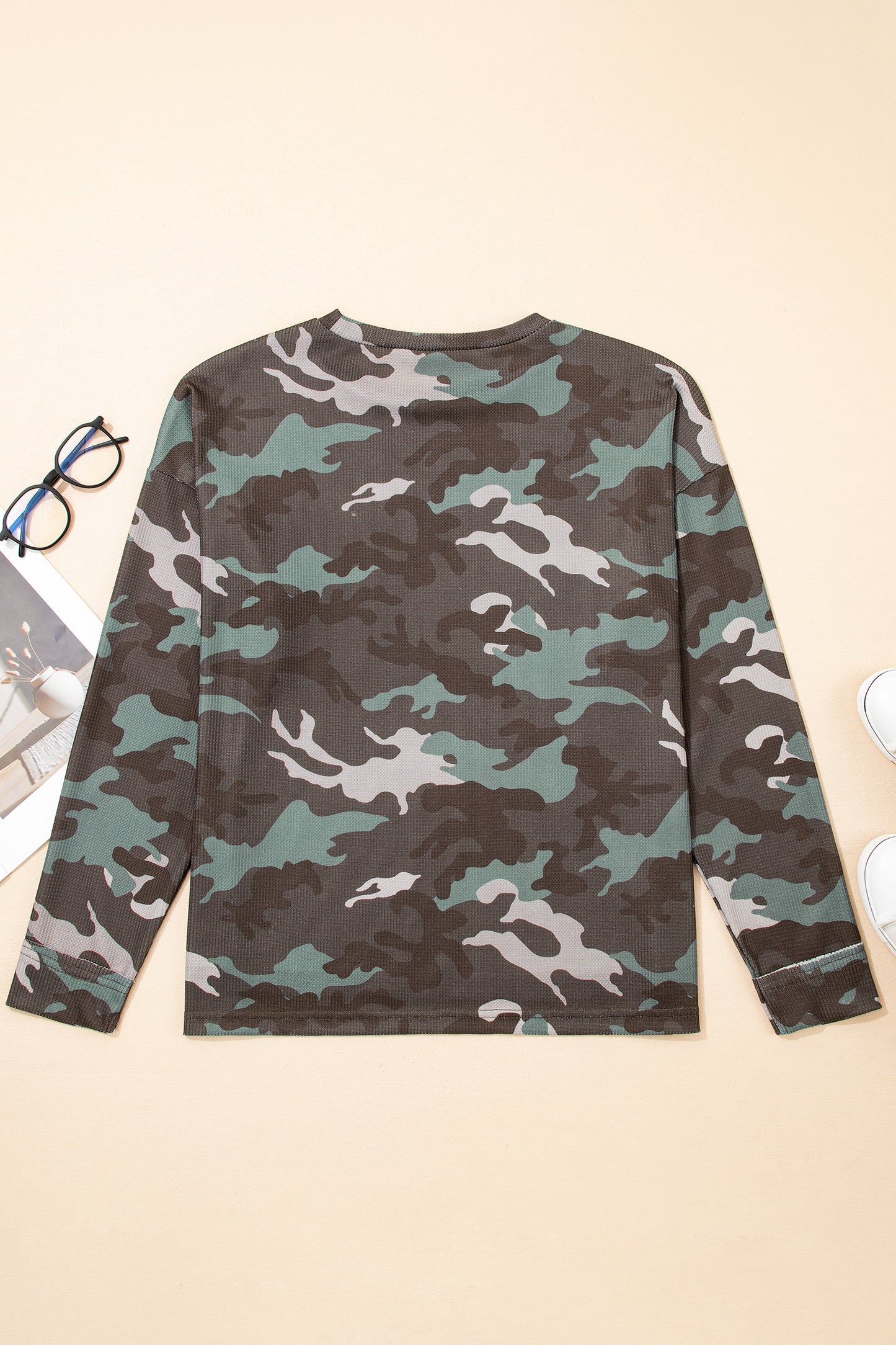 Green Camouflage Print Textured Drop Shoulder Long Sleeve Top