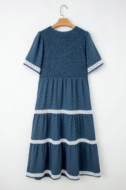 Dusk Blue Plus Size V Neck Swiss Dot Lace Patchwork Detail Flared Midi Dress