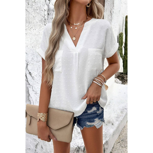 Swiss Dot Pockets Loose Fit Button Trim Blouse | Blouse - Women's | F, new arrival, short sleeve top, Top | Elings