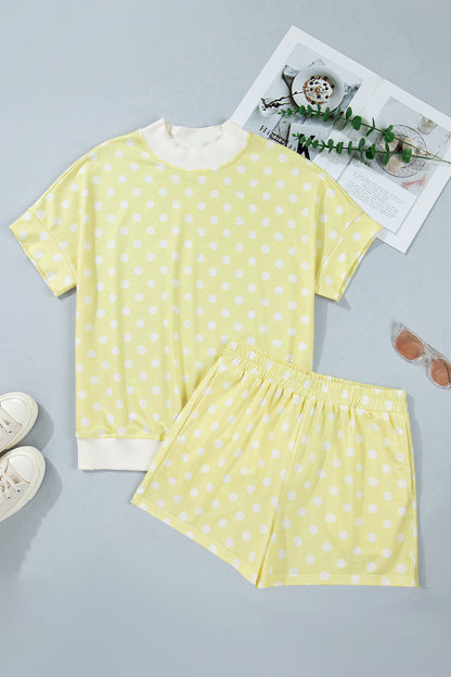 Polka Dot Print Color Block Trim Mock Neck Short Set