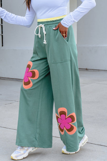 Color Block Flower Patchwork Drawstring Contrasted Elastic Waist Wide Leg Pants