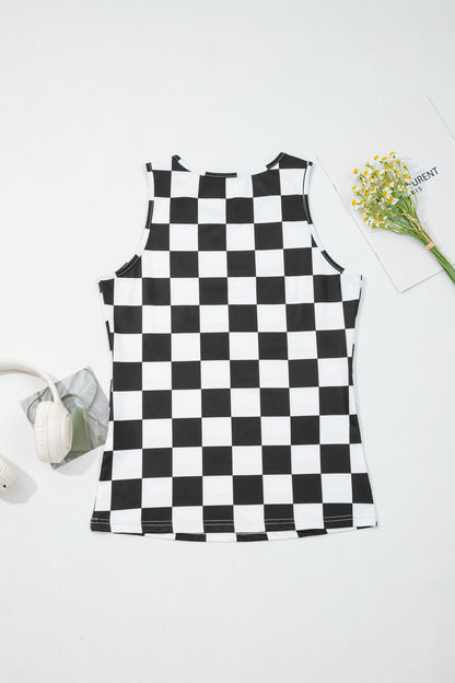 Black Checkerboard Printed Slim Tank Top