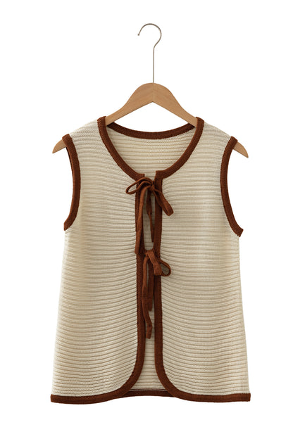 White Horizontal Ribbed Knit Contrast Trim Ties Front Sweater Vest