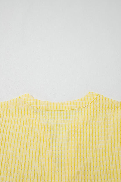 Gingham Textured Bow Tie Short Sleeve Tiered Midi Dress