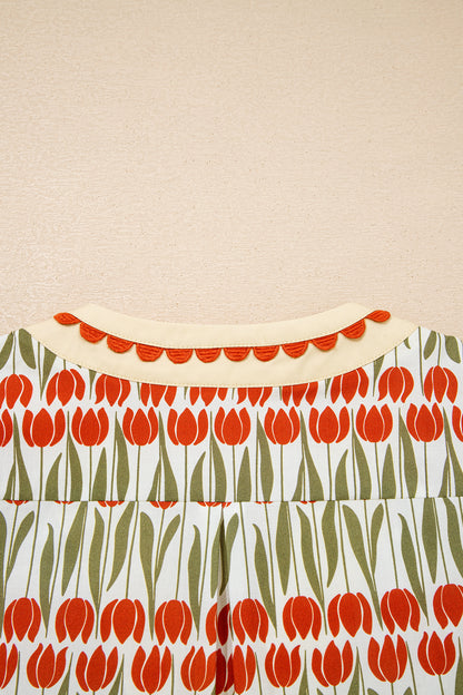 White Tulip Floral Print Cotton Puff Short Sleeve Mini Dress