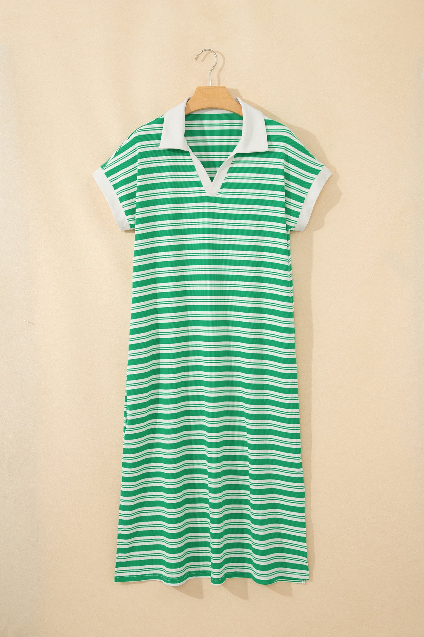 Stripe Collared V Neck Short Sleeve T Shirt Midi Dress with Pockets