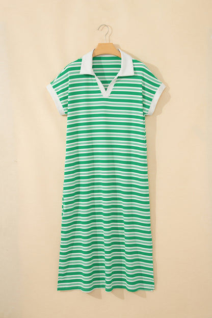 Stripe Collared V Neck Short Sleeve T Shirt Midi Dress with Pockets