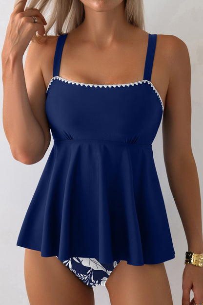 Black Spaghetti Straps Contrasted Ricrac Trim Flared Tankini 2pcs Swimsuit