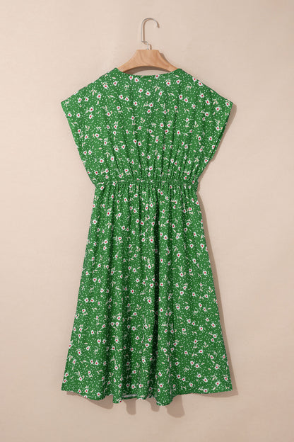 Green Abstract Print Embroidered Trim V Neck Drawstring High Waist Loose Vacation Dress