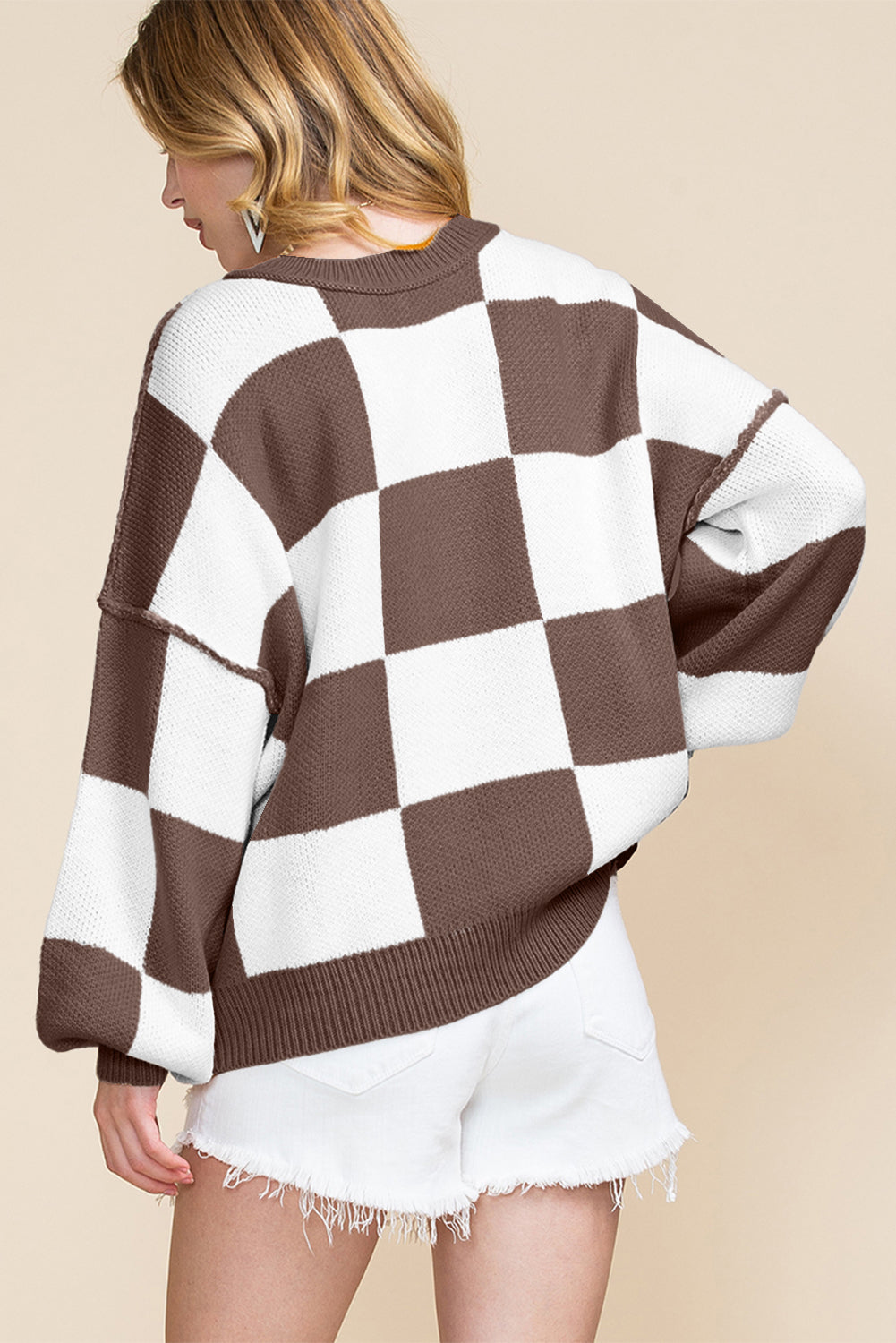Khaki Checkered Bishop Sleeve Sweater